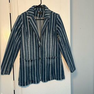 Striped Navy Denim Blazer Jacket - Women